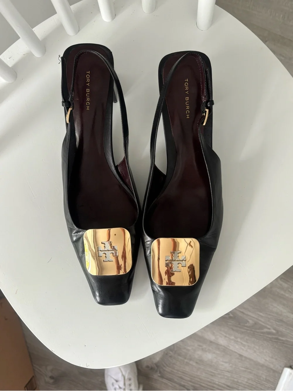 Tory Burch Black Leather Slingback Flats with Gold Logo Accent